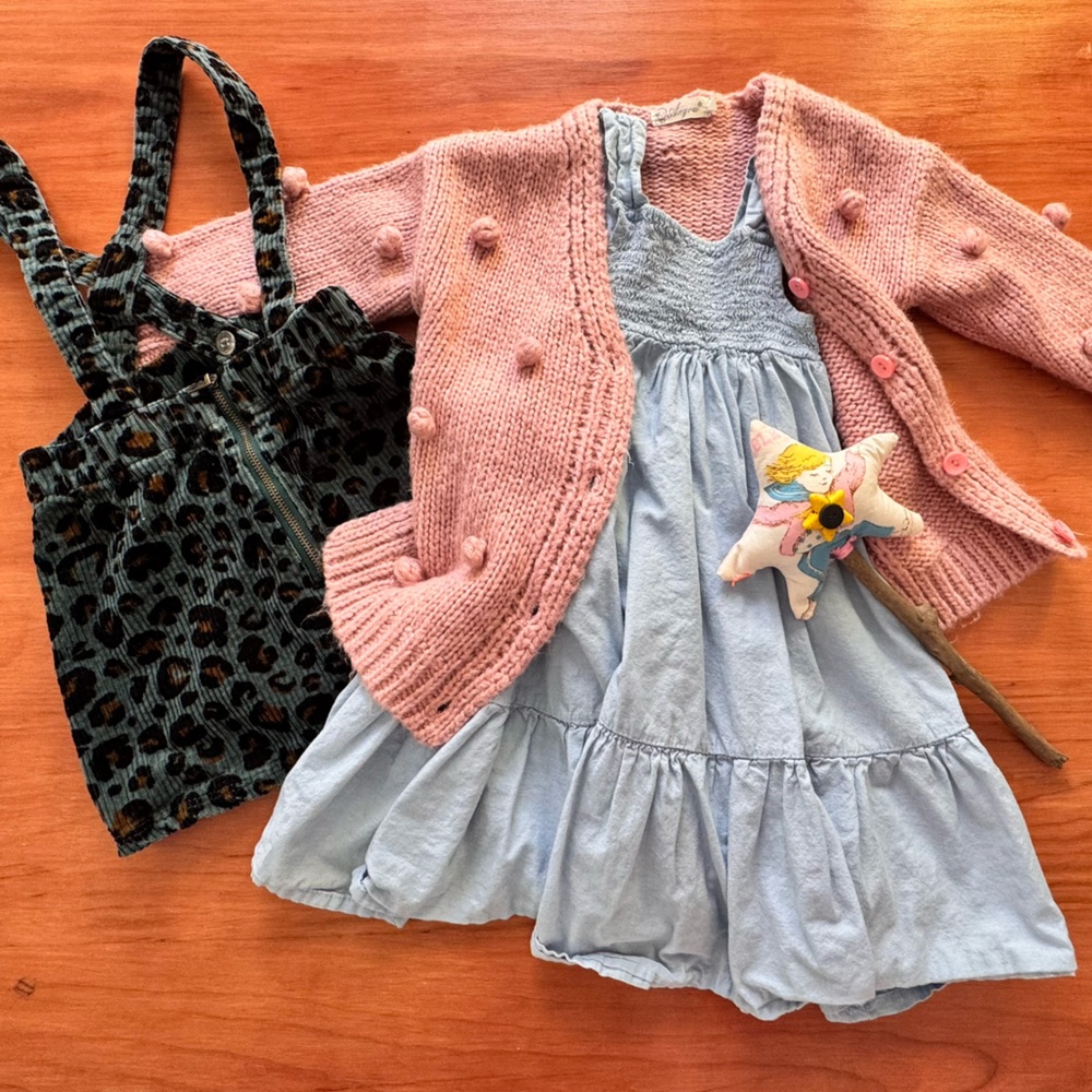 Blue dress, pink knitted sweater and leopard print suspender dress bundle